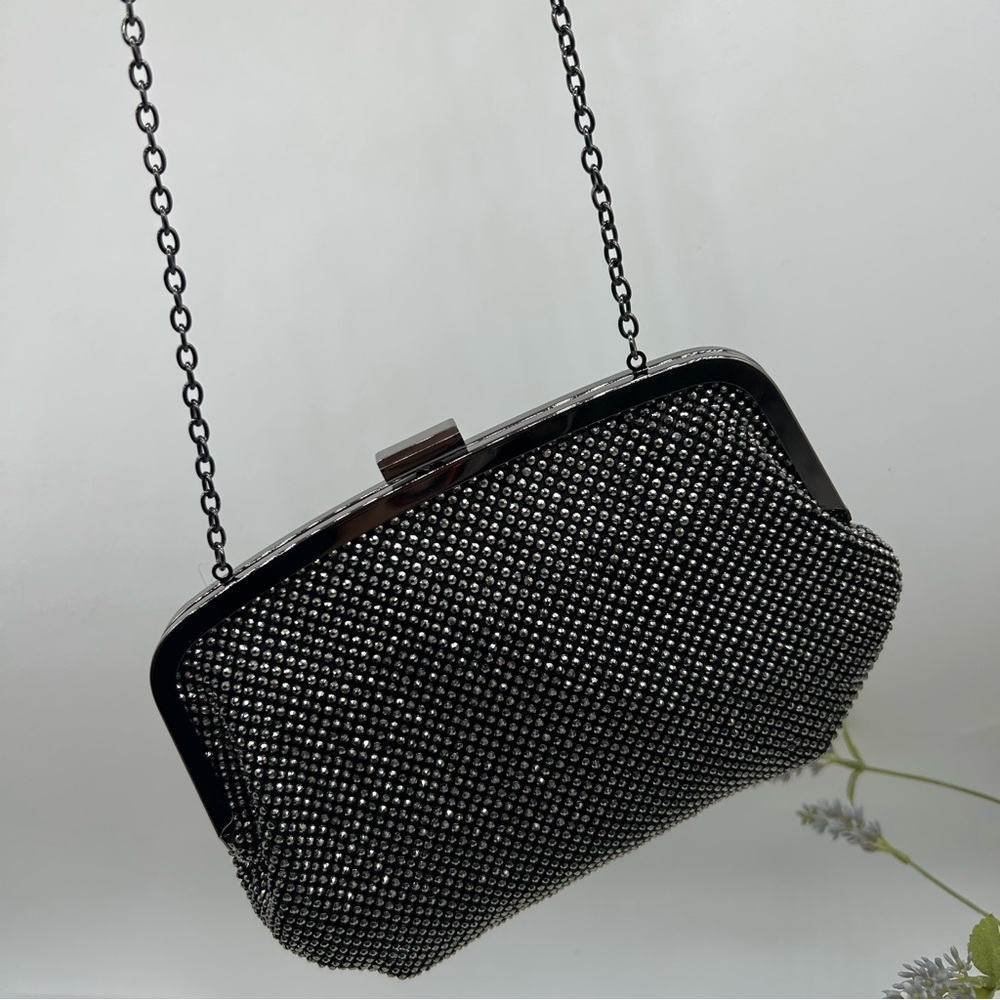 INC International Concepts Patsy pewter rhinestones clutch expandable chain bag